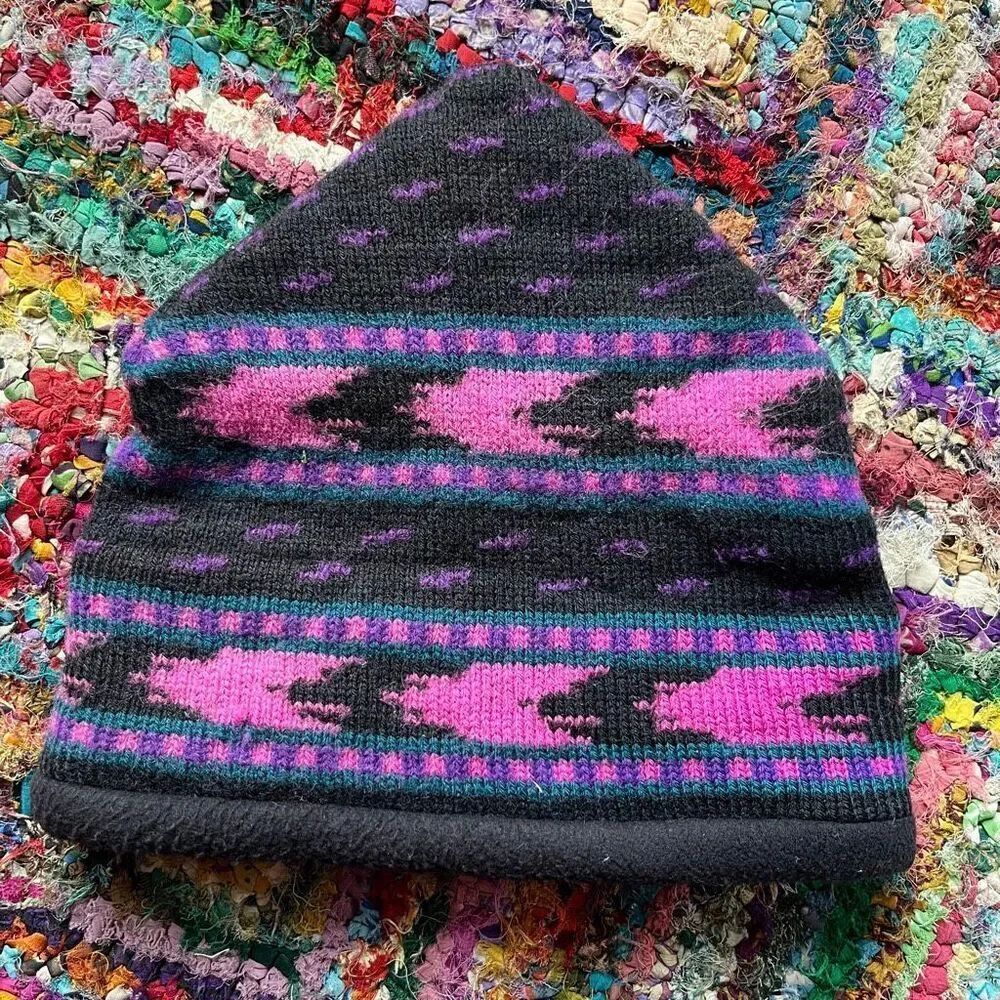 VTG Turtle Fur 90s Southwest Fleece Lined Wool Beanie Purple Pink USA Ski